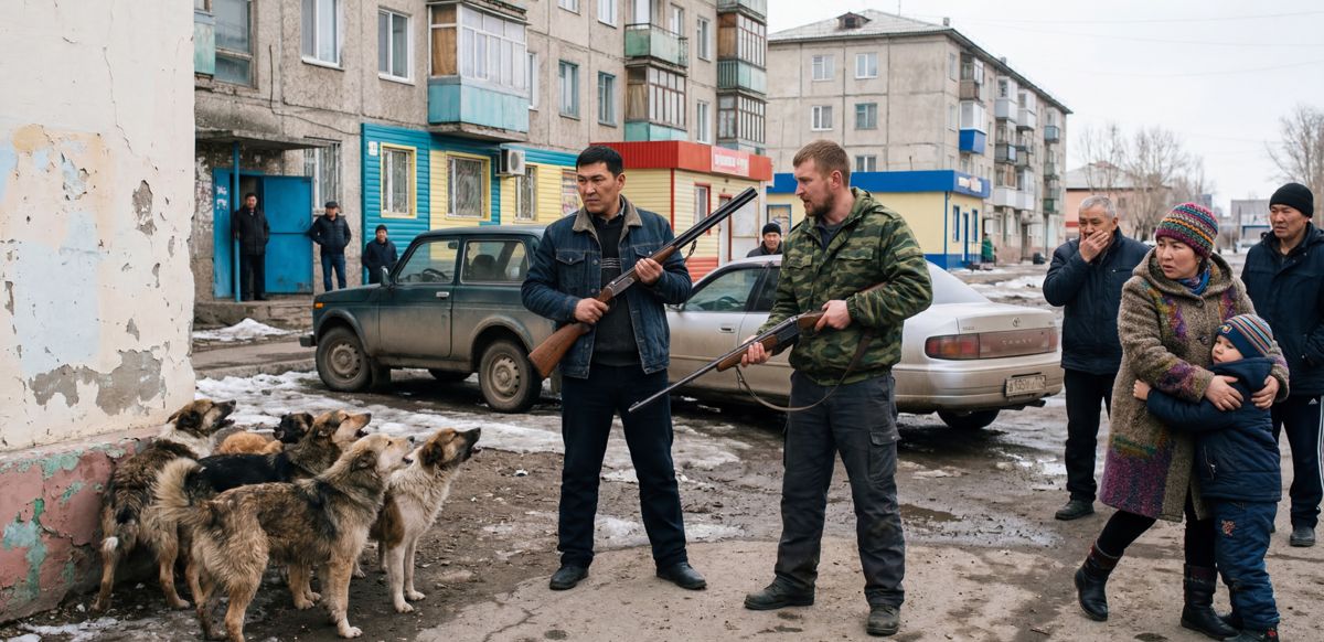 Двое мужчин стоят с ружьями напротив собак, в то время как за ними толпа боится их