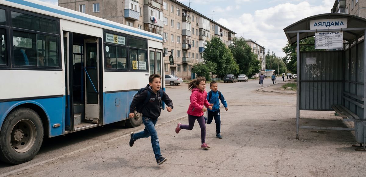 Дети выбегают из автобуса на остановке