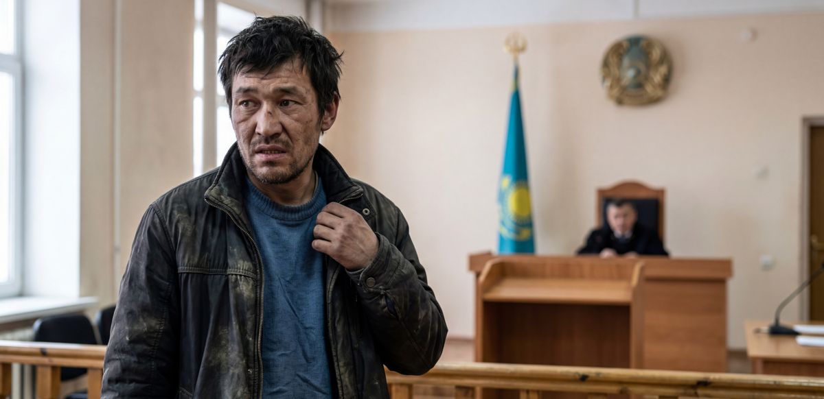 Мужчина стоит в зале суда, на заднем плане судья