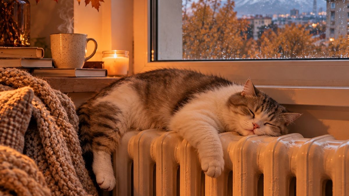 Кот на батареях, осень, отопление