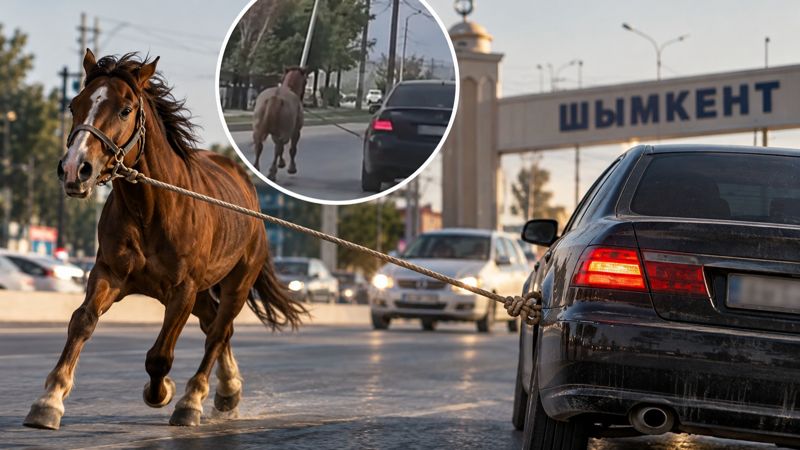 В Шымкенте водитель привязал лошадь к машине и погнал её по дороге