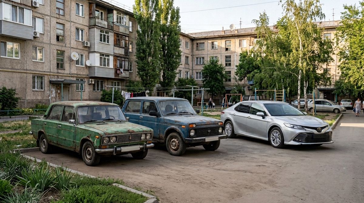Старые машины, автохлам, двор, парковка