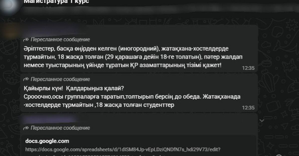Скриншот из чата магистрантов 1 курса ЕНУ