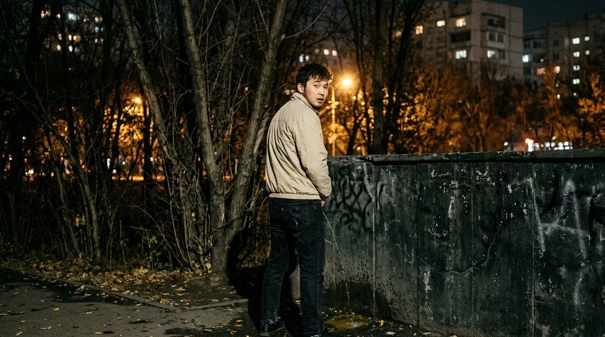 Писающий человек в кустах, нарушение порядка, мочился на стену